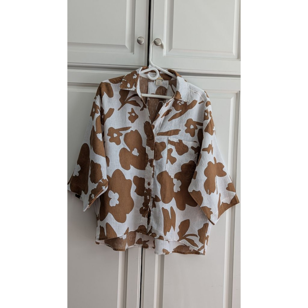 Women's Magaschoni Brown White Floral Linen Button Down Shirt L